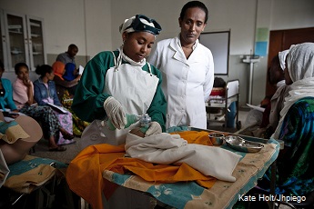 Trainee midwives attend classes at Shishemene Midwifery training college at Shishemene Hospital, Shishemene in Ethiopia and learn newborn resuscitation on humanistic models