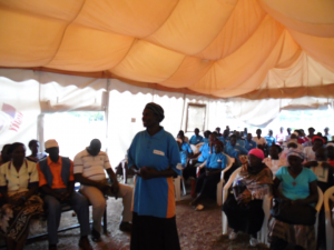 Victoria Achieng, speaks about providing iCCM at a community event