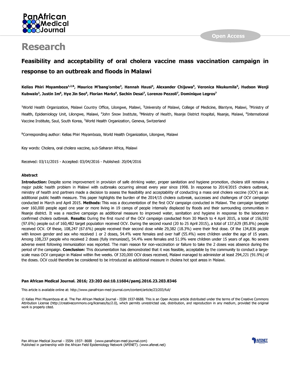 proyector penitencia Aliviar Feasibility and acceptability of oral cholera vaccine mass vaccination  campaign in response to an outbreak and floods in Malawi