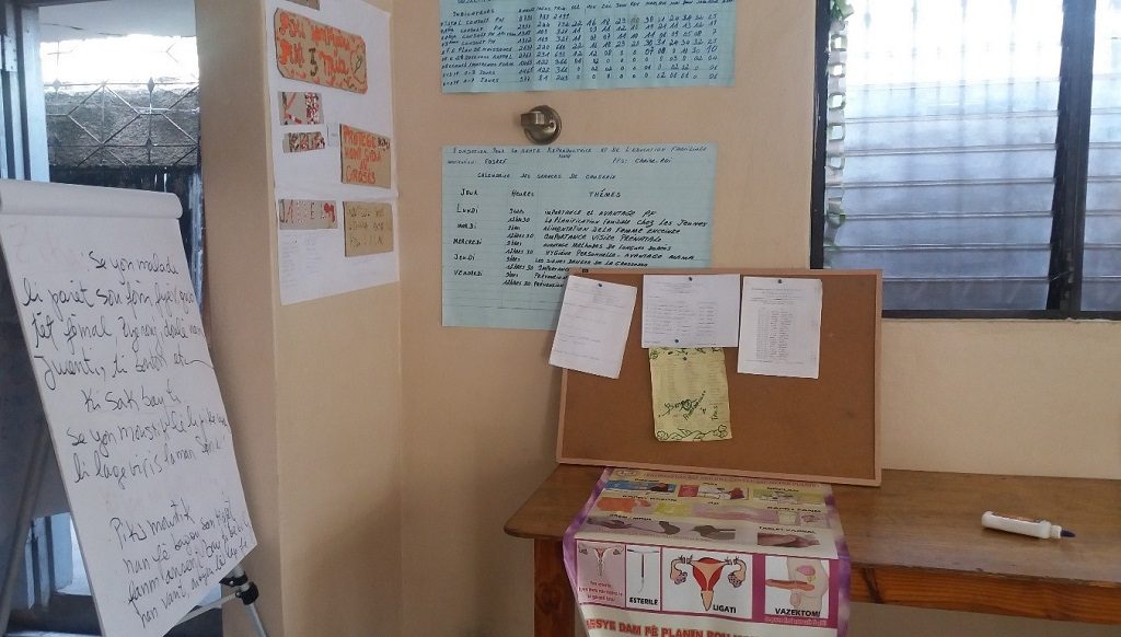 The “youth corner” at Christ the King Clinic is stocked with educational materials used by FOSREF for youth club meetings.