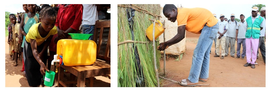 Promoting drinking clean water (left) and tippy taps for handwashing (right) in the community.