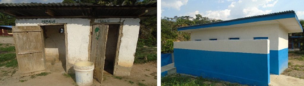 Before and after photos of latrines at Give Them Hope Clinic in Nimba County