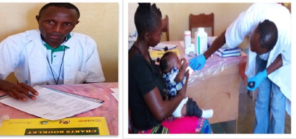 Andrew Cole using the case recording form, and assessing a child at Liberia’s Voinjama Free Pentecostal Mission clinic.