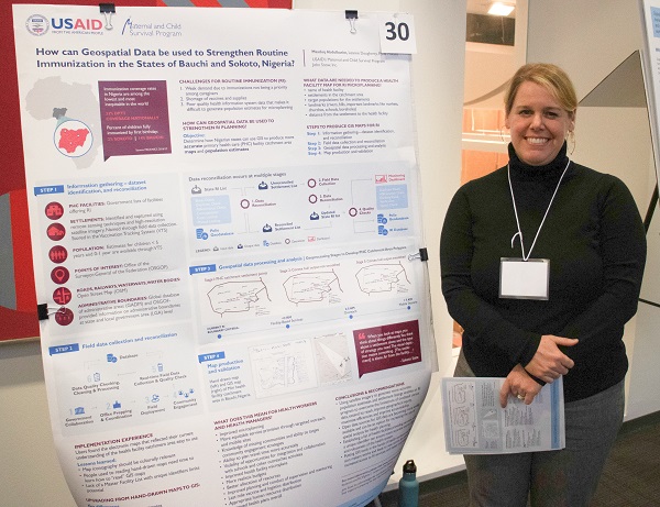 MCSP’s Leanne Dougherty presenting her poster on using geospatial data to strengthen routine immunization in Nigeria.