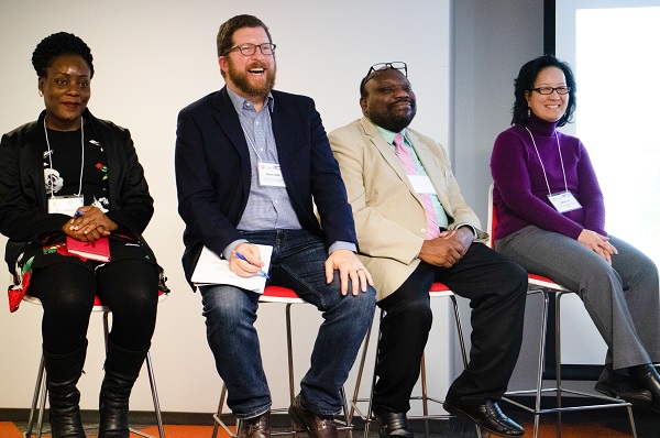 Allen Nsangi/mPowering, Steve Ollis/MCSP, Bobby Jefferson/DAI Global Health, and Alice Liu/mPowering during a panel at the 2018 Global Digital Health Forum.