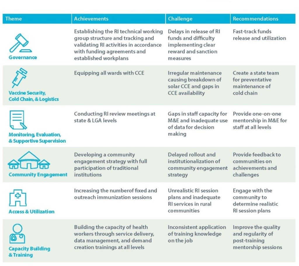 Illustrative achievements, challenges and recommendations by thematic area. 